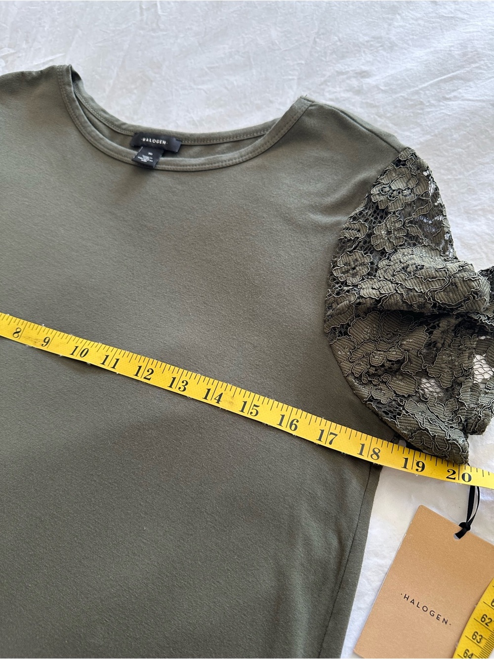NWT Halogen Olive Short Sleeve Top with Lace Sleeves, size medium - Picture 9 of 10